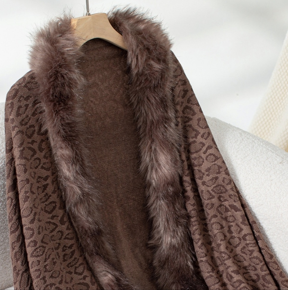 Plush Faux Fur Leopard Retro Fringe Boho Oversized Poncho Knit Cardigan Jacket - Picture 8 of 15